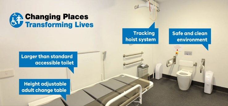 Changing Places toilet facility with hoist, toilet and adult sized change table.